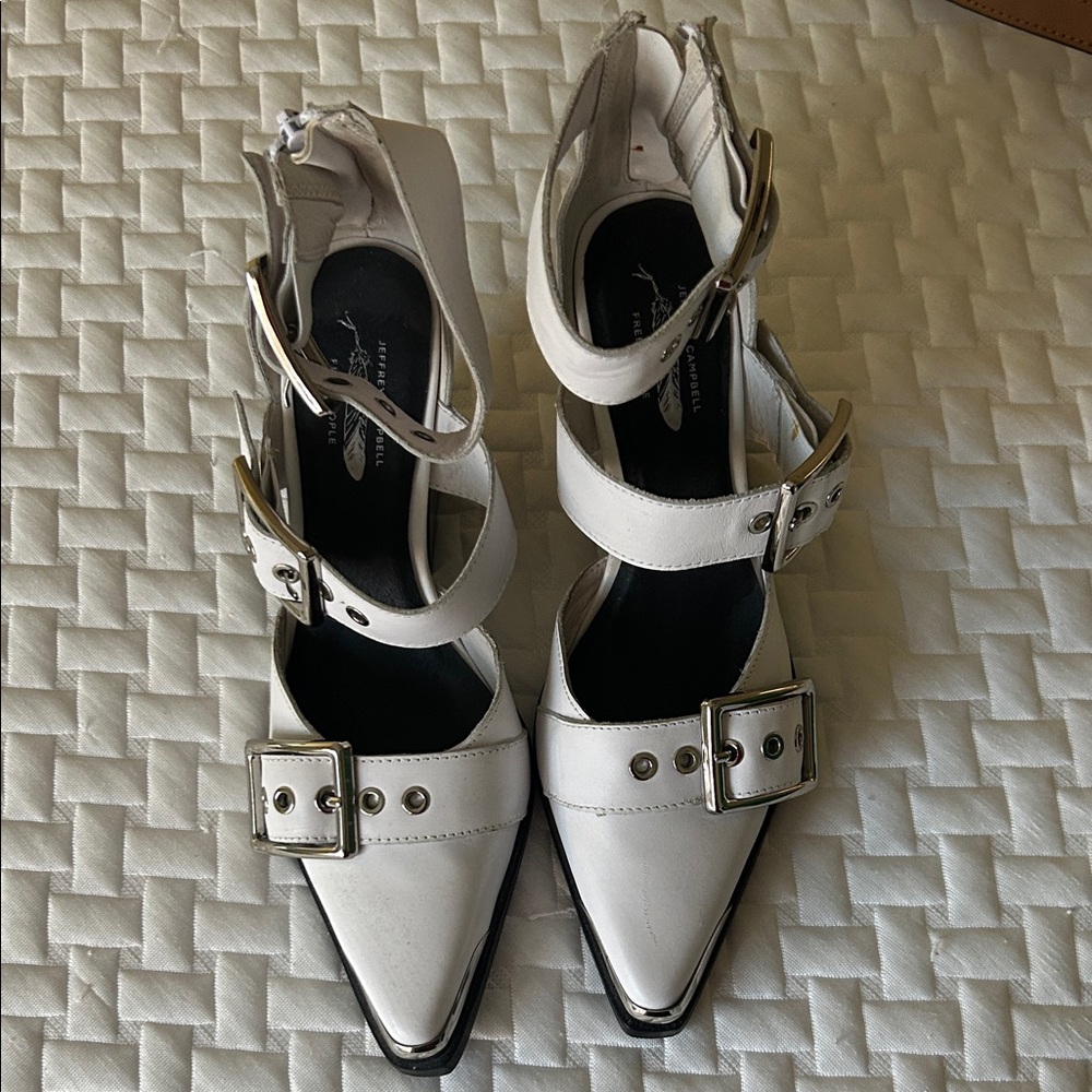 Jeffrey Campbell Cream Heels with Statement Buckles
